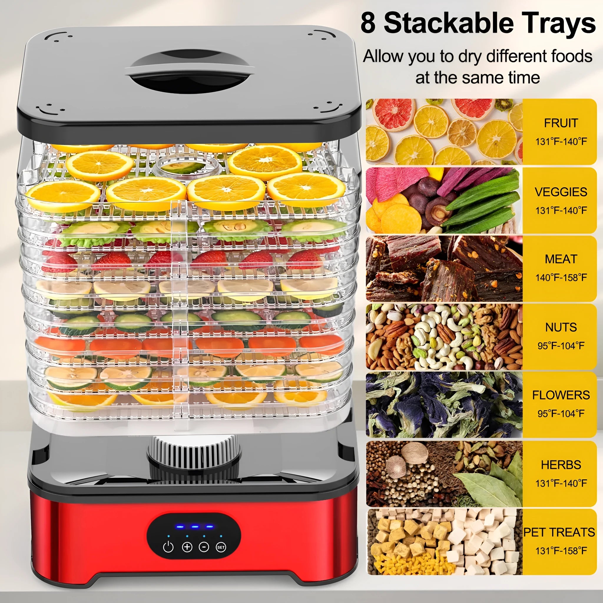 Silver and red household food dehydrator with eight drying trays showing expanded height