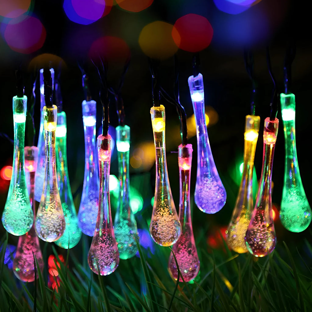 Solar-powered LED water drops string lights with 30 bulbs on 6.5 metre waterproof cable for outdoor garden use
