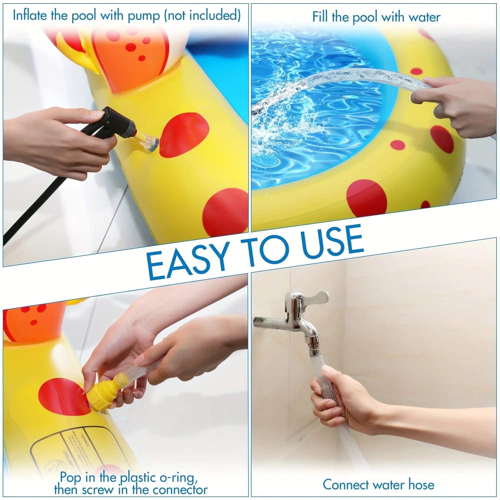 Blue and yellow inflatable dinosaur and shark themed water spray pool for kids in a garden.