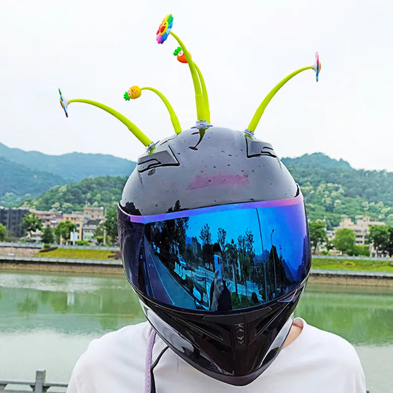 Silicone sunflower helmet decoration with suction cup mount for universal helmet attachment