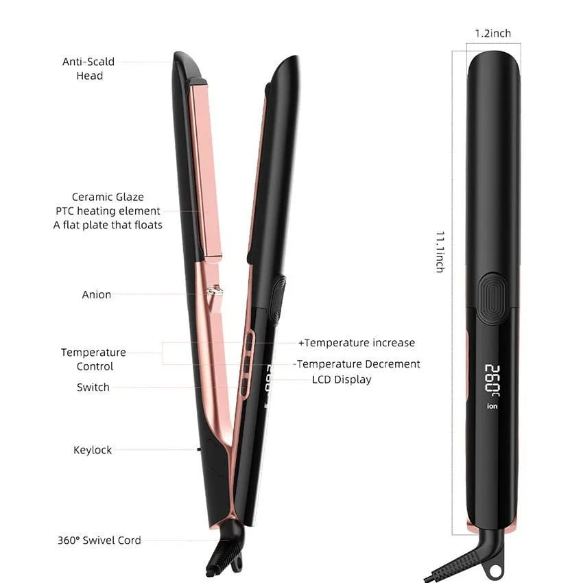 Hair straightener and curler with digital temperature display showing 207°C