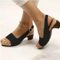 Women's ankle strap low heel peep toe Roman sandals in black with buckle closure