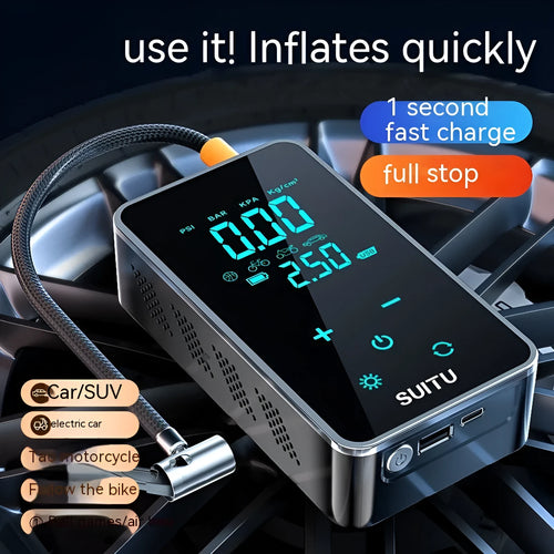 Wireless portable car tyre inflator pump with LCD screen and Type-C charging cable