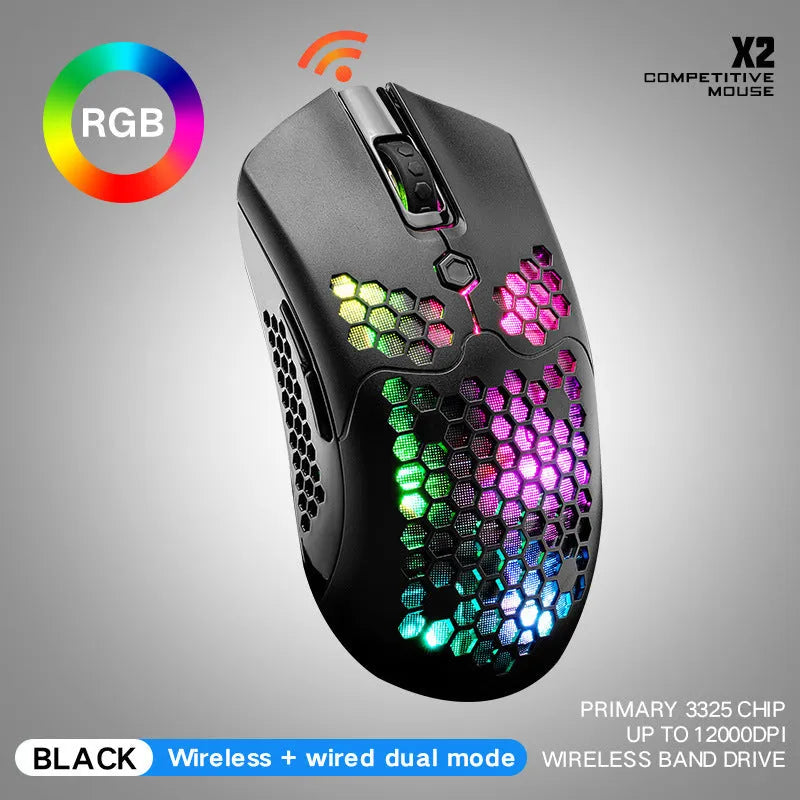 Free Wolf X2 wireless RGB gaming mouse in black, green, pink, white, and yellow colours on a desk