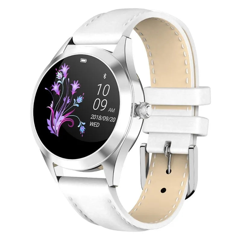 Women's sports smartwatch with heart rate monitor on wrist in rose gold colour