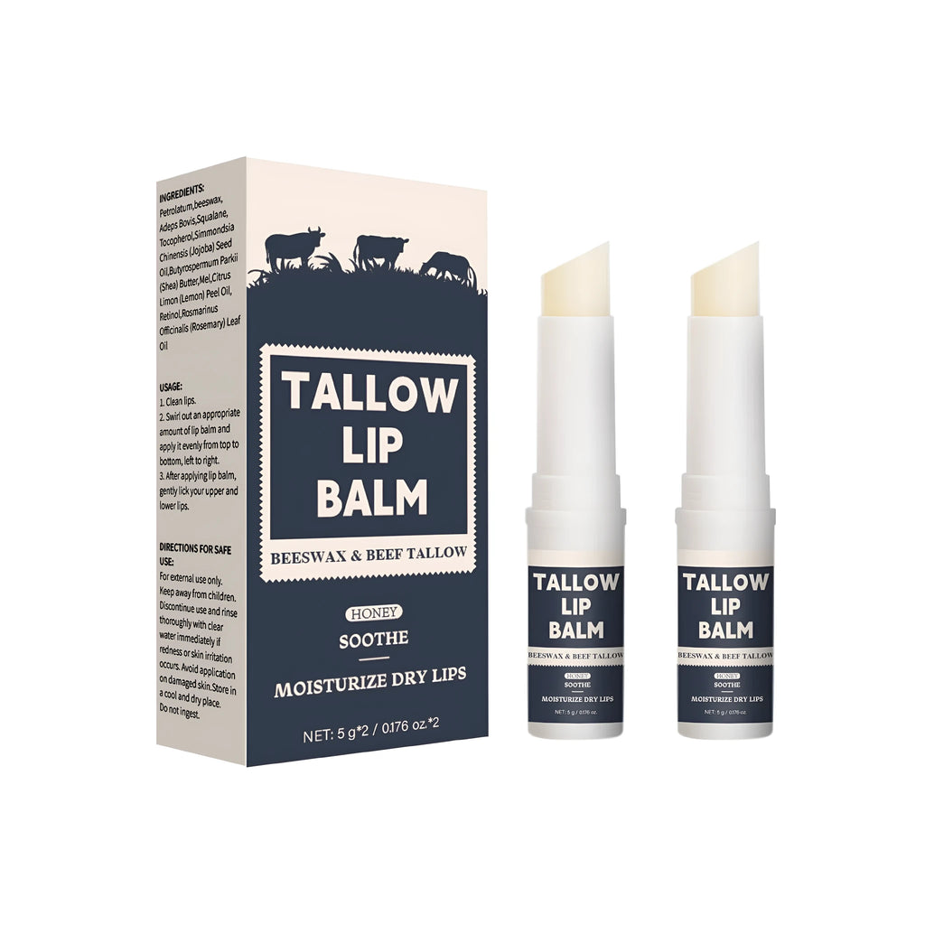 Two beef tallow lip balm sticks with light grain texture for soft, full lips