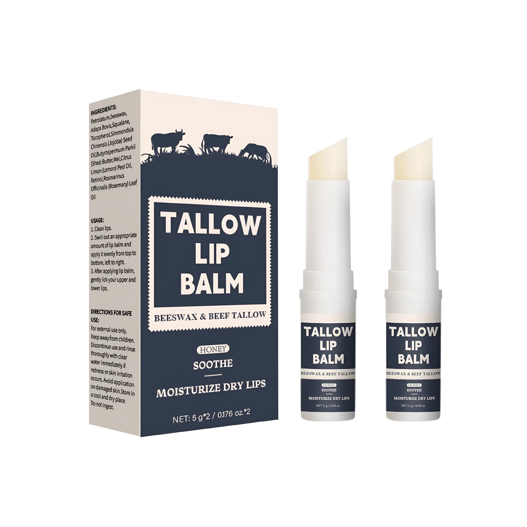 Two beef tallow lip balm sticks with light grain texture for soft, full lips