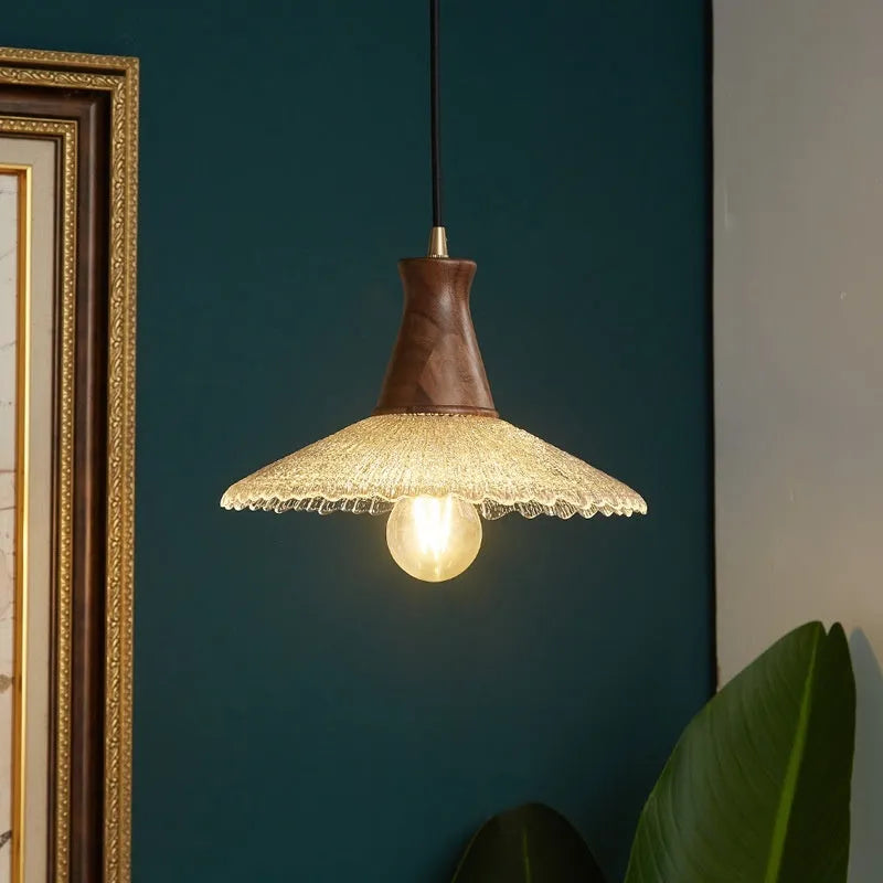 Retro brass and wood ceiling chandelier with a glass lampshade, shown in small, medium, and large sizes.