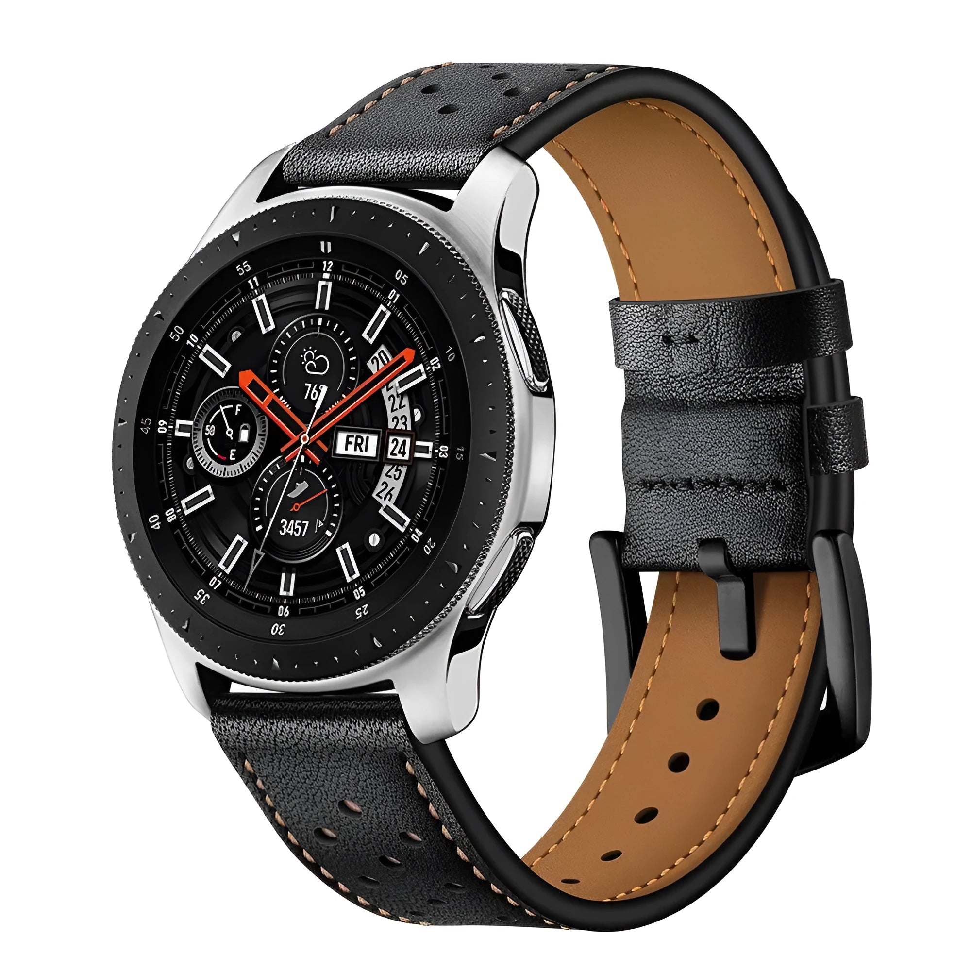 Universa 20mm 22mm leather watch strap in black on white background