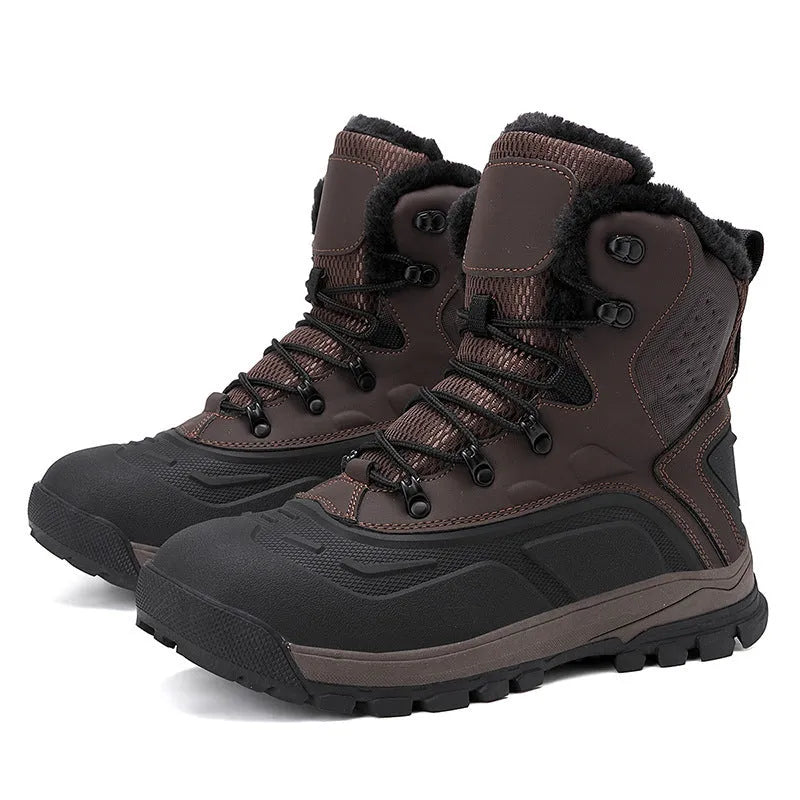 Men's black and khaki velvet high-top boots with fleece lining and lace-up front