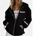 Black letter print polyester zipper sweater coat with hood, loose Japanese Korean casual style
