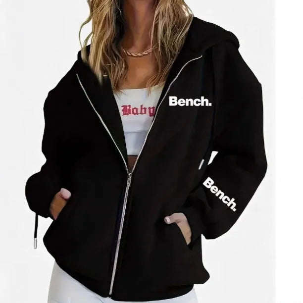 Black letter print polyester zipper sweater coat with hood, loose Japanese Korean casual style