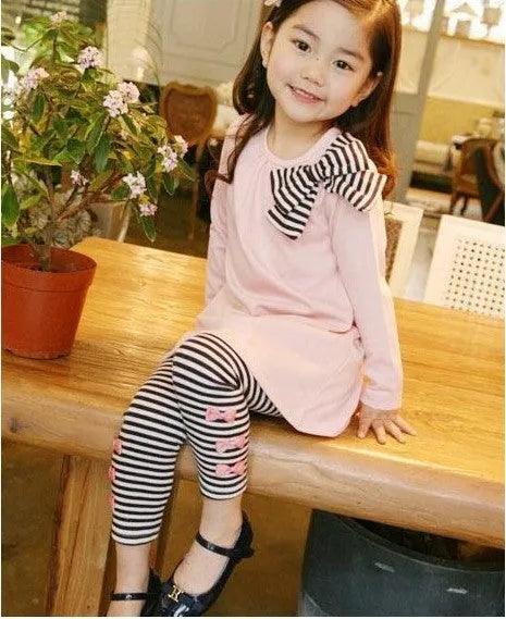 Pink cotton girls' clothing set showing coordinated pieces for sizes 110cm to 140cm