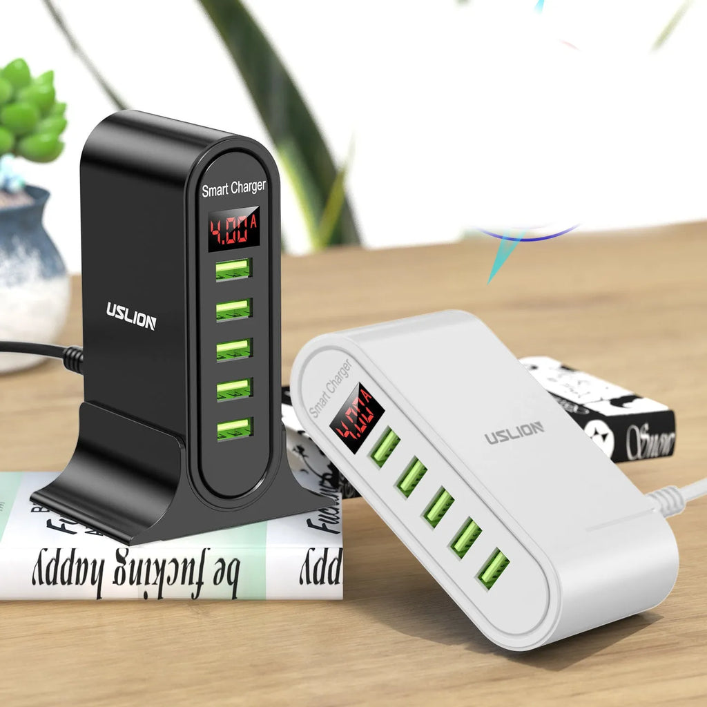 Smart LED digital display USB wall charger in black showing voltage readouts