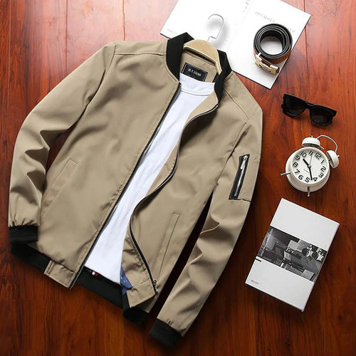 Men's slim-fit red casual baseball jacket with front zipper and side pockets.