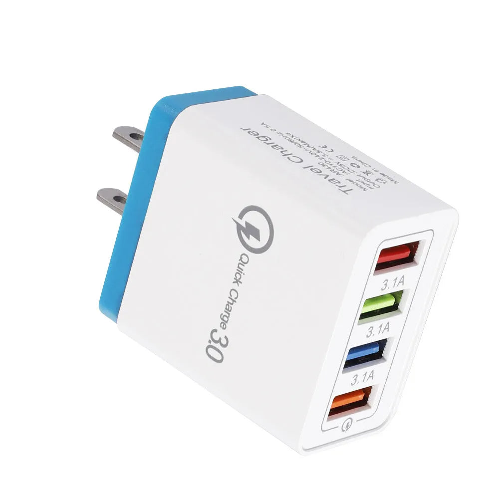 Simple Luminous 4-port USB mobile phone charger with LED light and international plug options