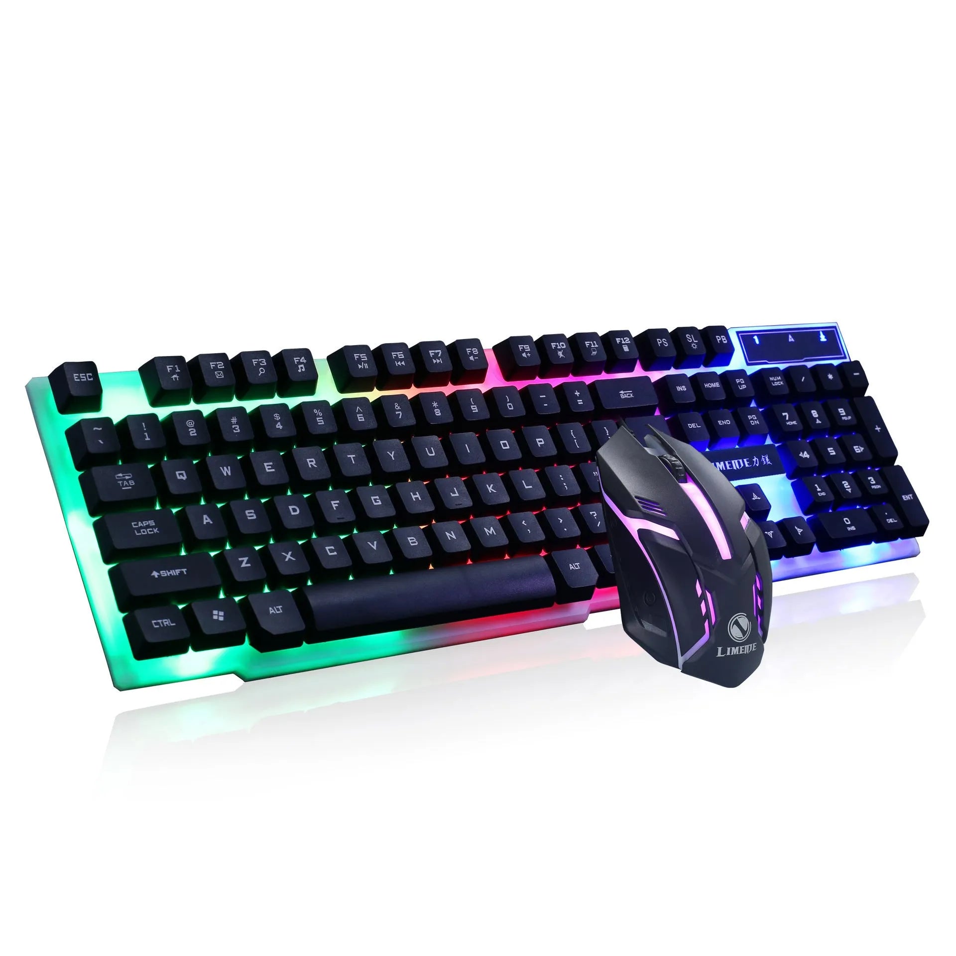 Limei Gtx300 wired USB gaming keyboard and mouse set in four colour options on a desktop.