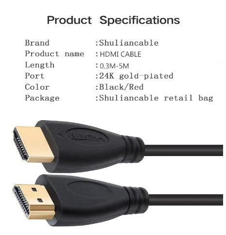 Gold plated HDMI cable with male connectors in multiple lengths from 0.3m to 5m