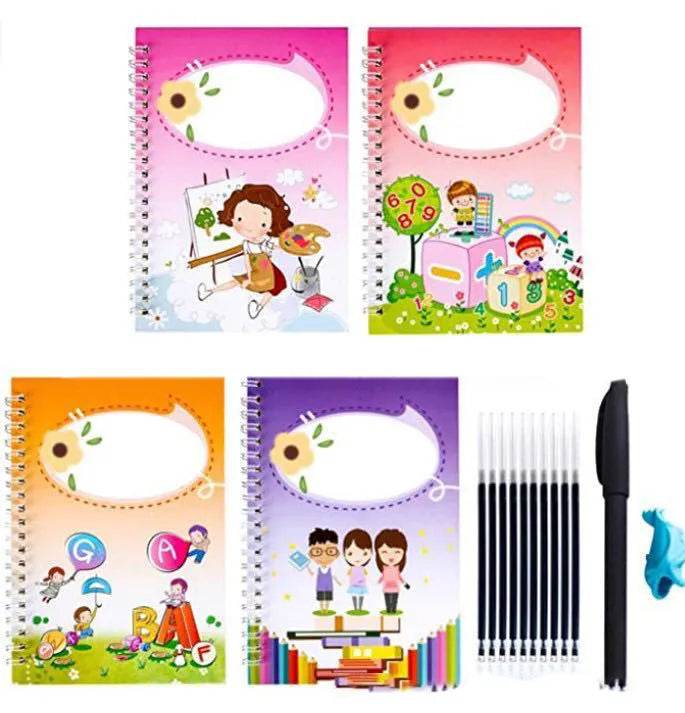 Magic practice writing copybook set with hard cover, thick paper, pen holder, and refills on a desk