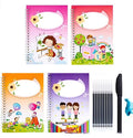 Magic practice writing copybook set with hard cover, thick paper, pen holder, and refills on a desk