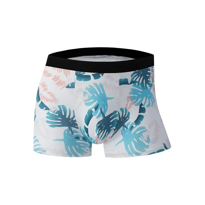 Men's light grey printed polyester underwear laid flat, showing mid waist design.