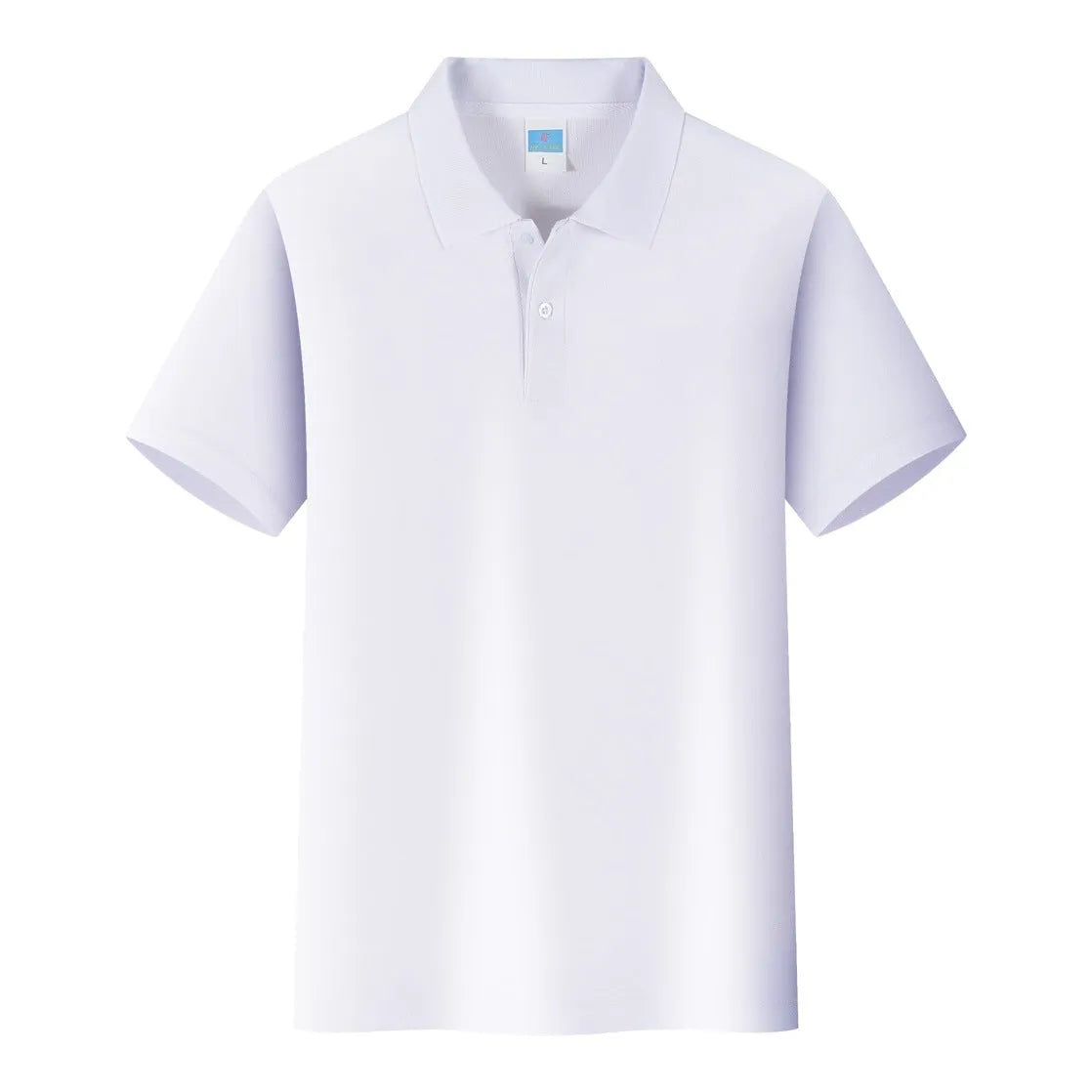 Short sleeve cotton work shirt in straight fit for corporate embroidery on a hanger.