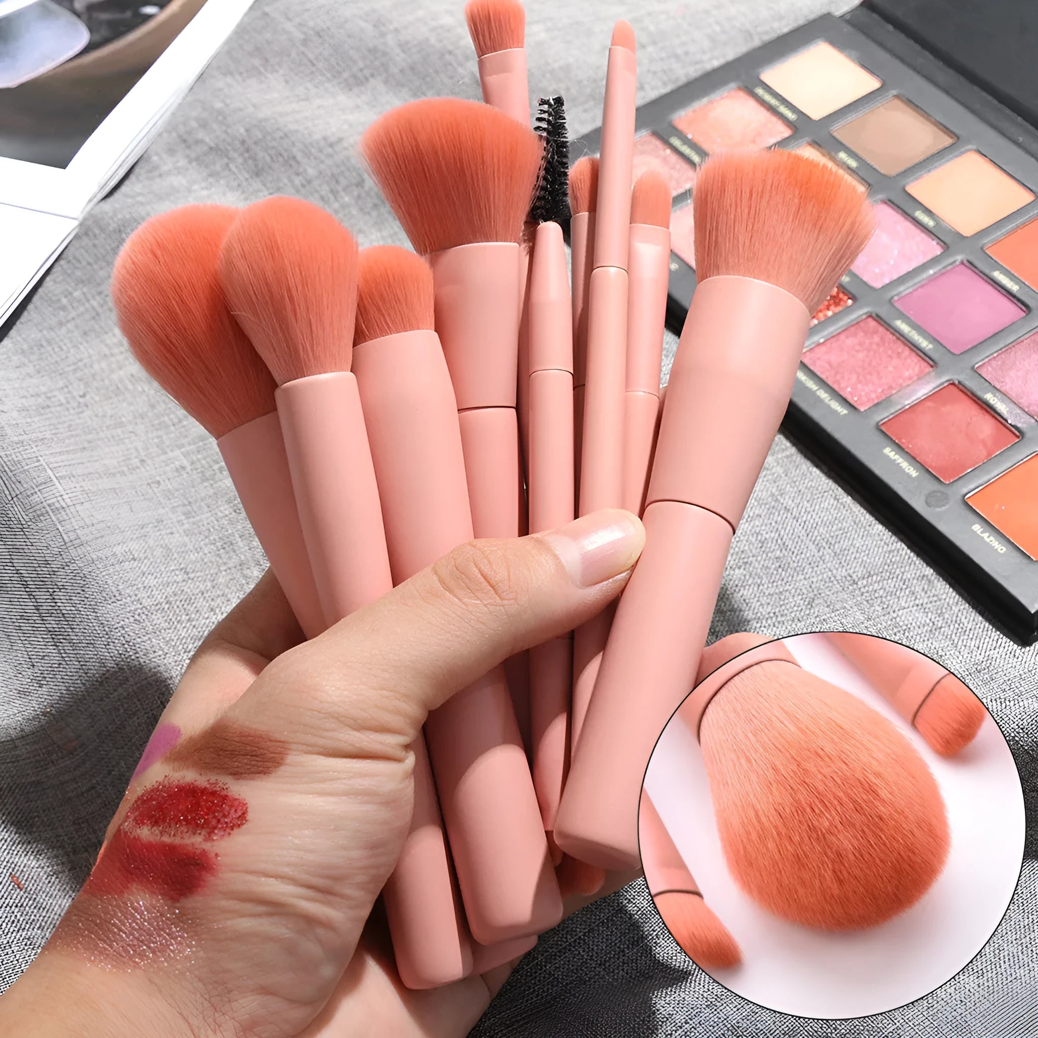 10-piece wooden handle makeup brush set with nylon bristles in a storage case.