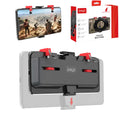 Black mobile phone gaming trigger bracket with adjustable sliding trigger and telescopic phone clip