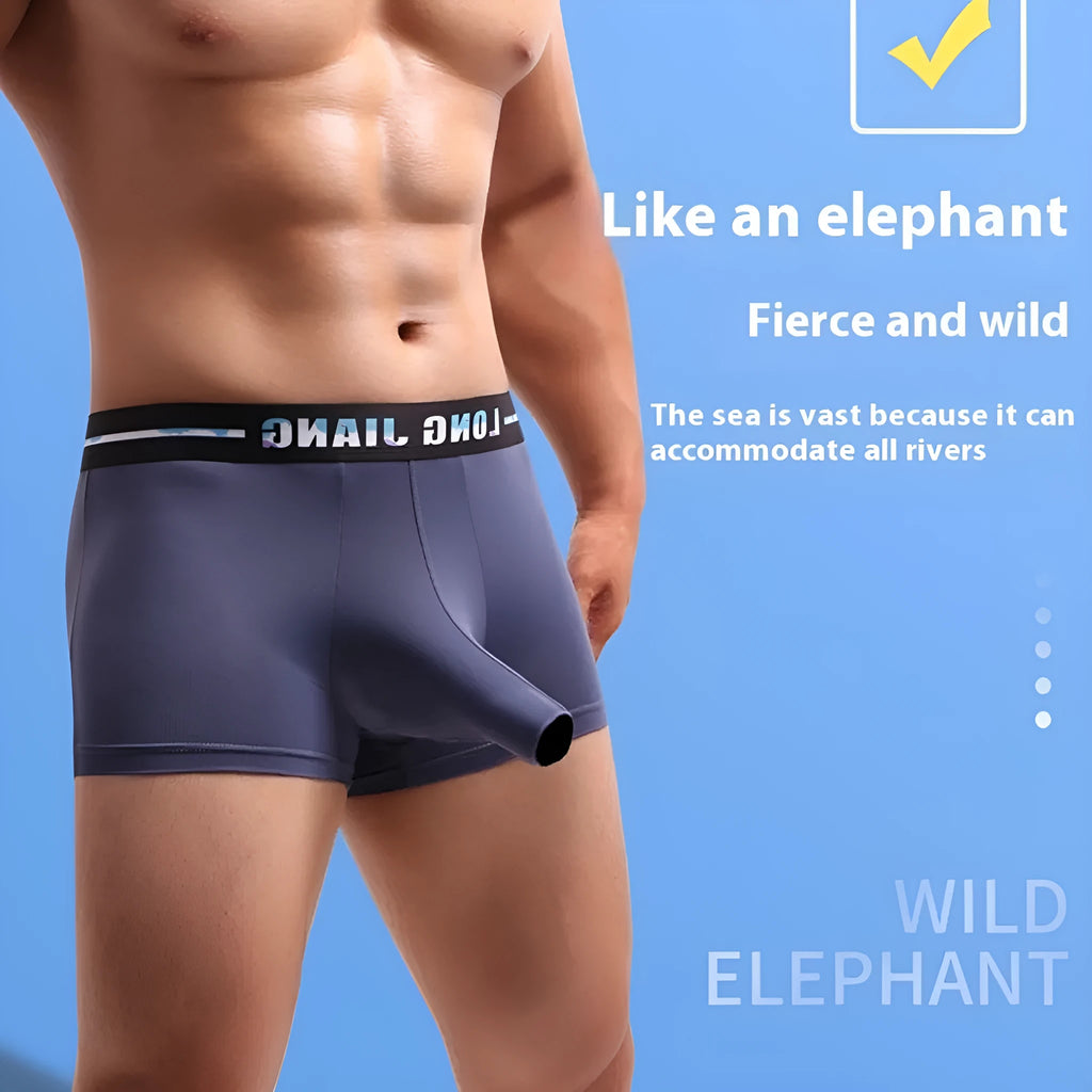 Men's ice silk trunk open boxer briefs on a solid background, showing the mid-waist fit.