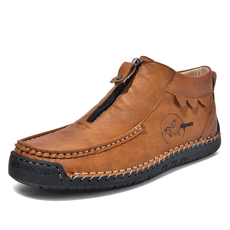 Men's slip-on leather loafers in black, brown, and grey colours showing round toe and rubber sole