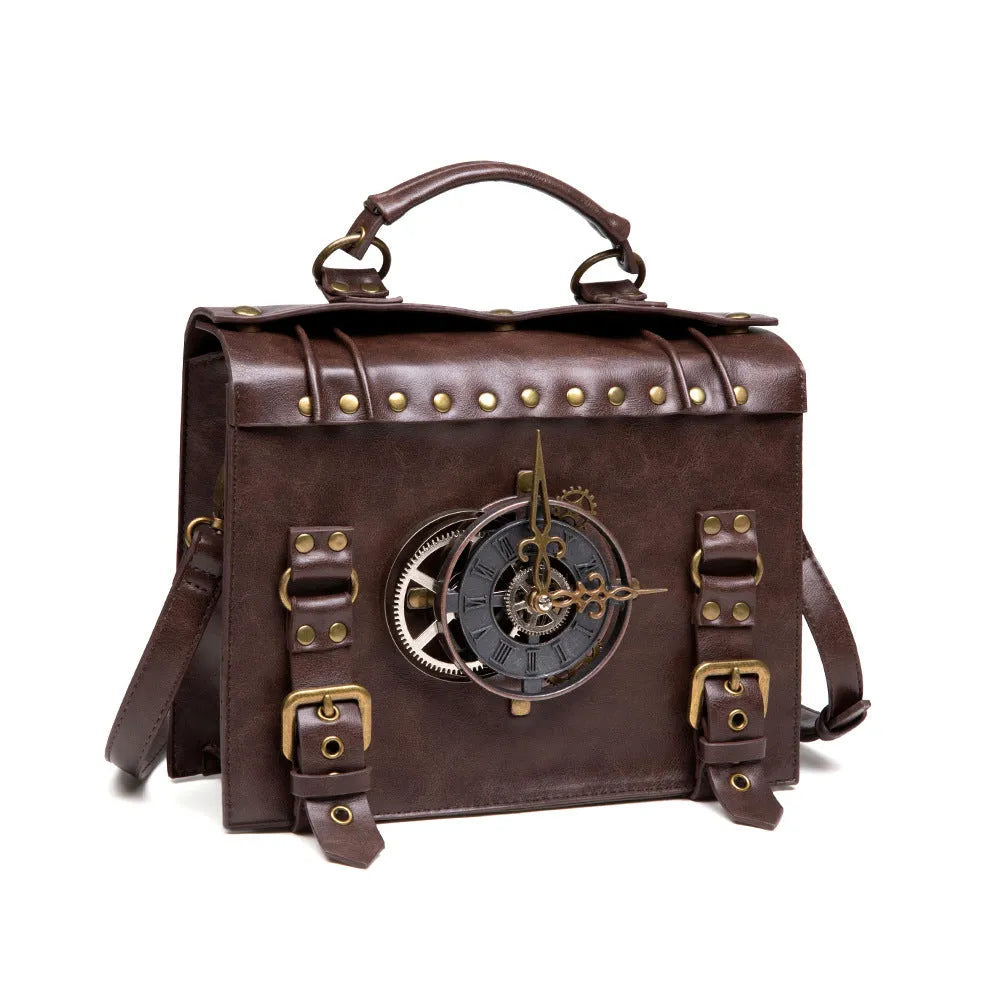 Bronze steampunk industrial retro shoulder bag with metal details and pillow bag shape
