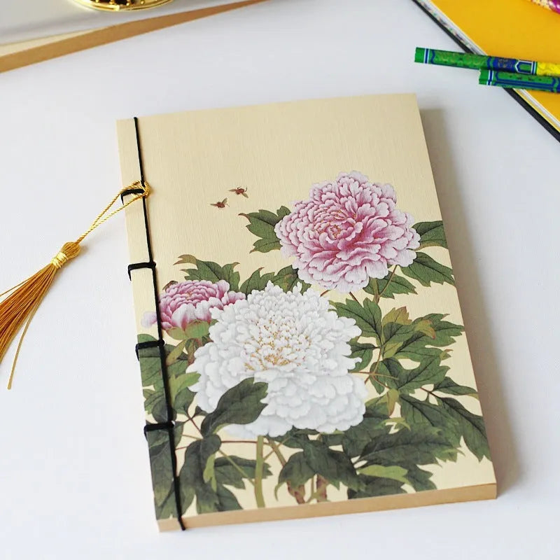A5 antique wire-bound notebook with retro Chinese painting design on glossy embossed cover