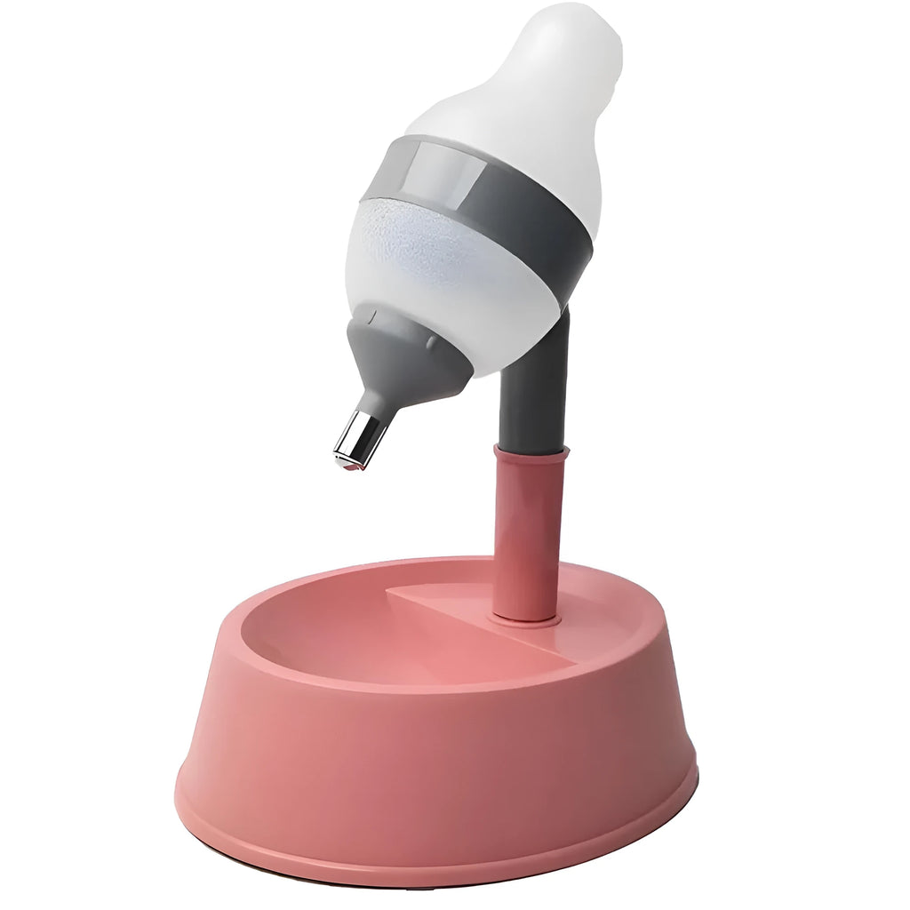 Green height-adjustable pet water dispenser with detachable pole and weighted bowl on a floor.