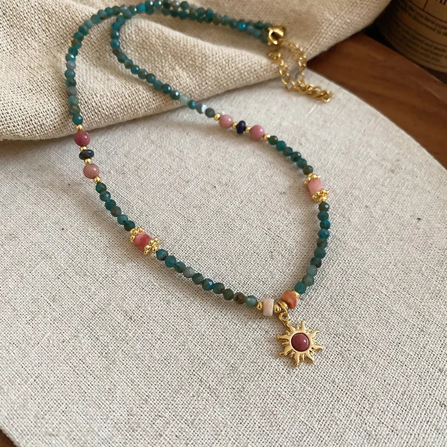 French royal style freshwater pearl necklace with stone sun pendant on 41-50cm clavicle chain