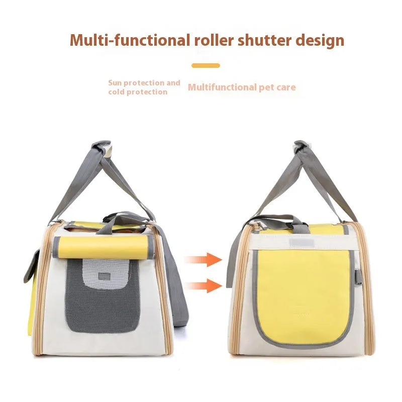 Foldable single shoulder pet carrier bag in canvas material, shown in black colour