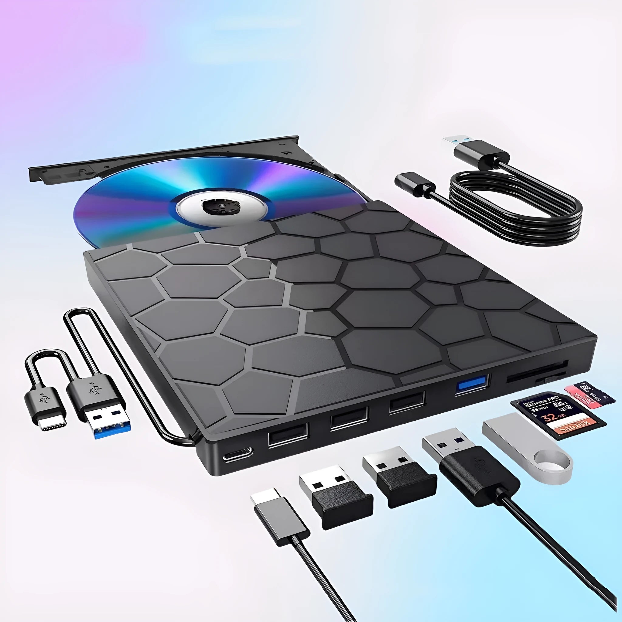 Black external USB CD/DVD drive with compact rectangular design