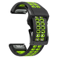 Quick release double-row hole silicone sports watch strap in a two-tone colour on a watch.
