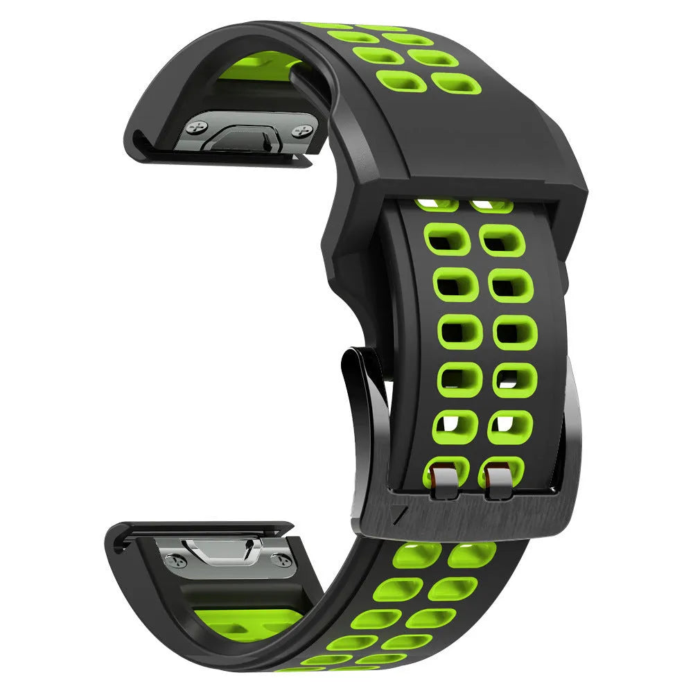Quick release double-row hole silicone sports watch strap in a two-tone colour on a watch.