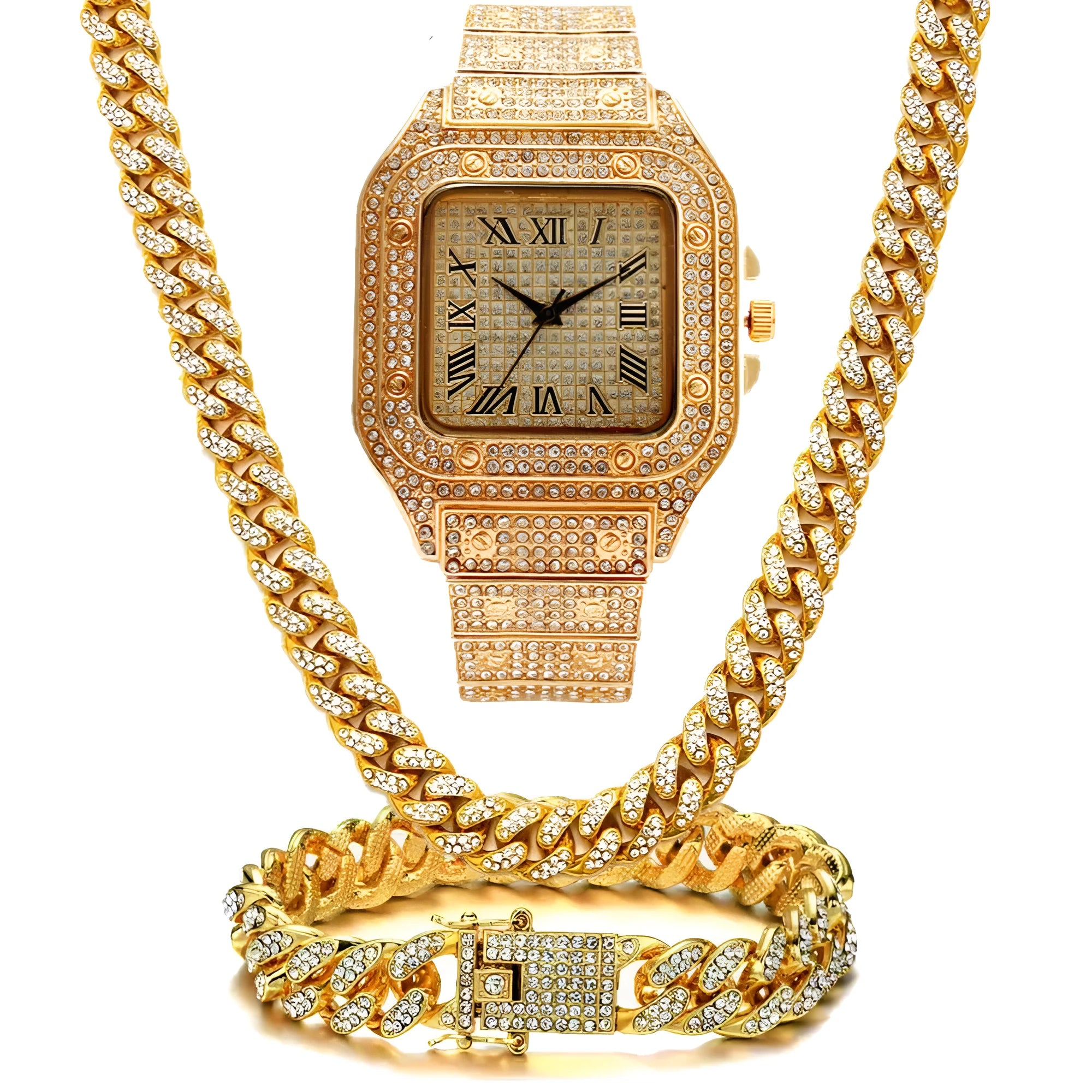 Roman numeral quartz watch set of three pieces with black mesh bands and square dials
