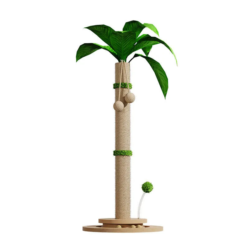 Vertical cat climbing frame with hemp rope wrapped posts on a density board base in canna colour