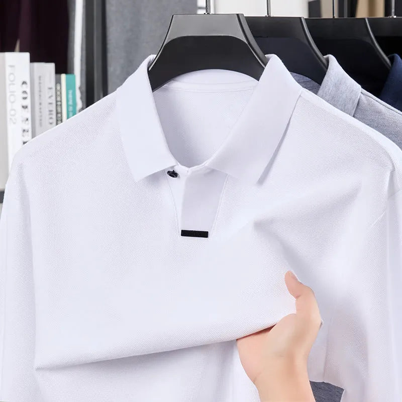 Men's grey asymmetric lapel cotton polo shirt in a loose fit.