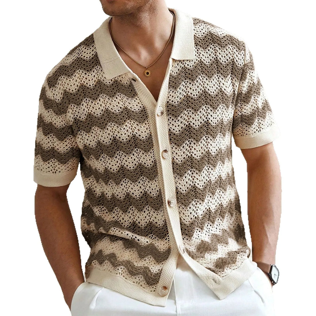 Short-sleeved yellow hollow jacquard corrugated sweater with flocked detail on a mannequin.