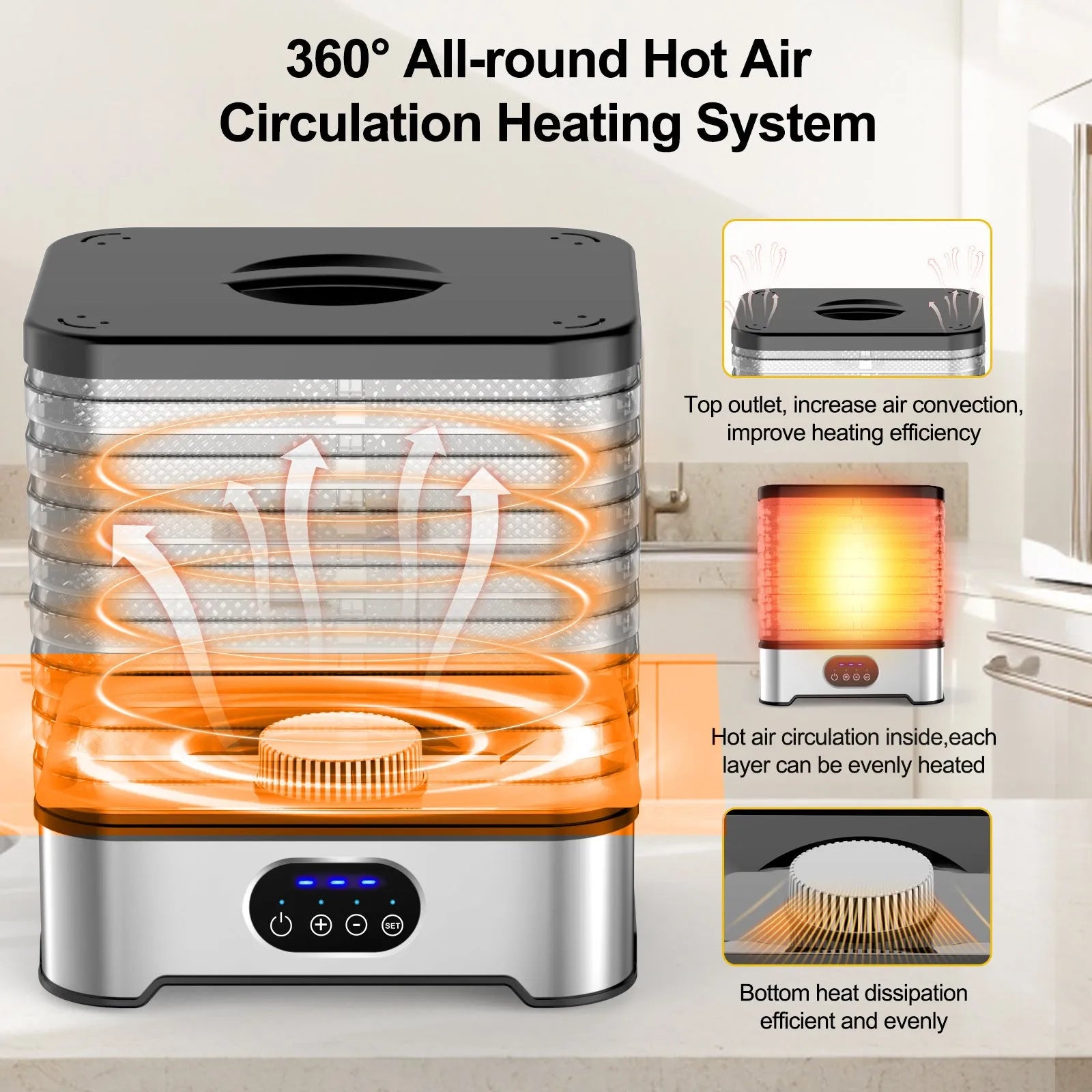 Silver and red household food dehydrator with eight drying trays showing expanded height