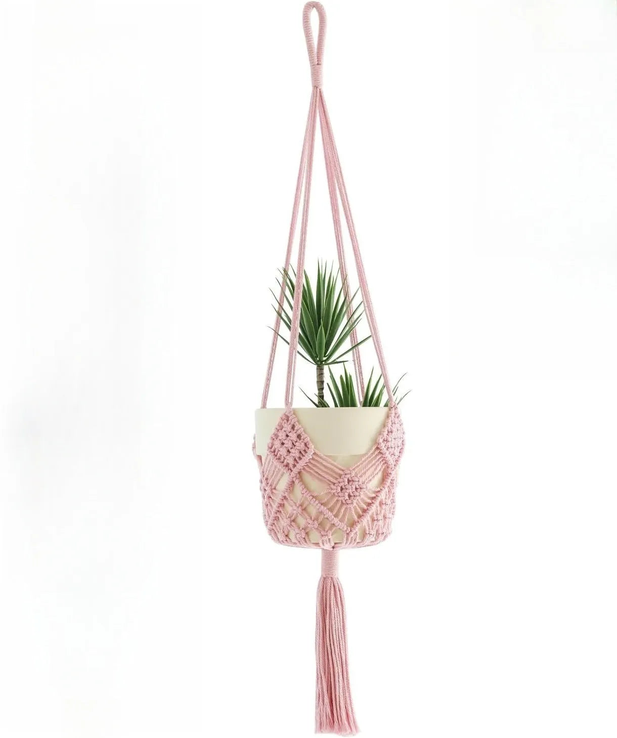 Hand-woven brown polyester cotton flower pot cover with a net pocket on the side.