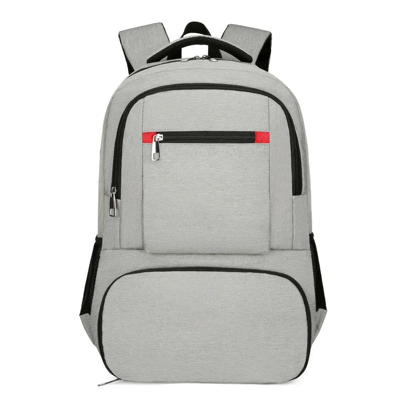 Light grey insulated oxford cloth backpack with curved shoulder straps and front compartments.