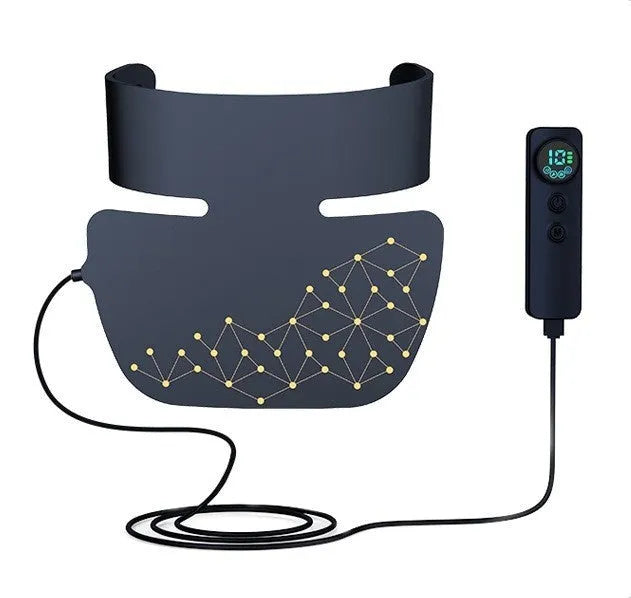 Black four-colour LED photon beauty mask with neck care strap and adjustable settings