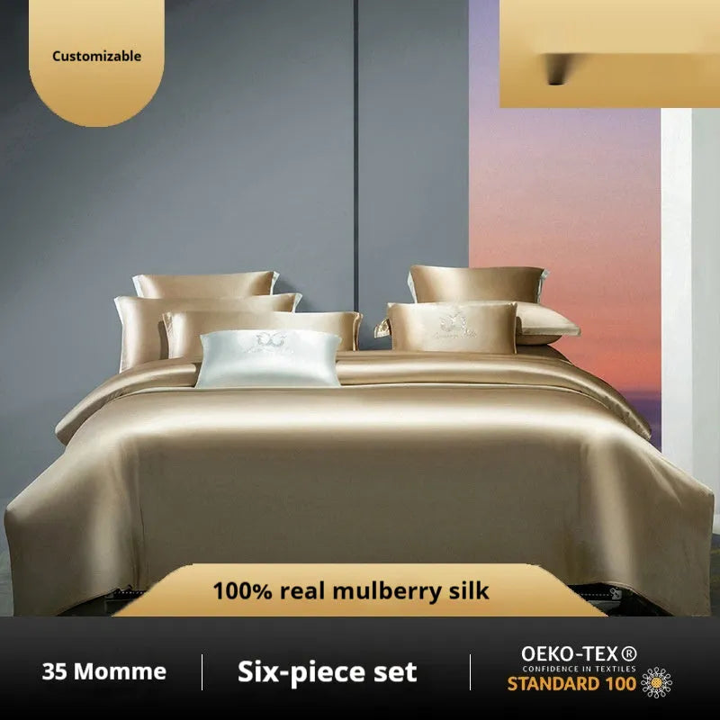 Silk four-piece quilt cover set in solid colour with fitted or flat sheet options for UK bed sizes.