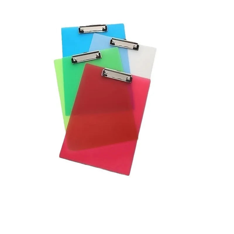 Transparent A4 plate holder with metal clip showing document visibility and colour options