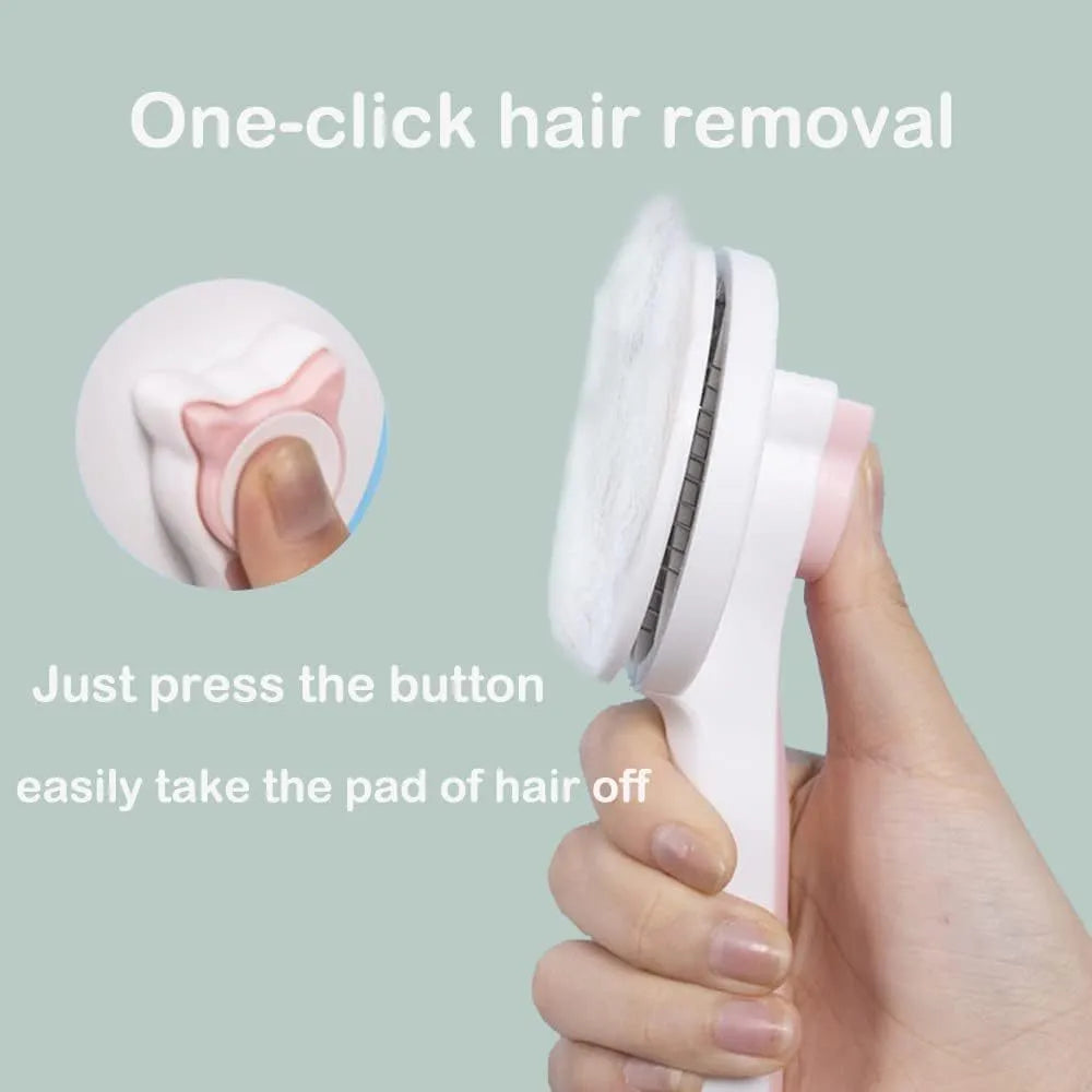 Blue self-cleaning cat and dog brush with rubber-tipped pins and a non-slip handle on a white background.
