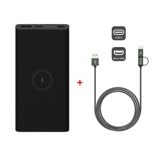 White or black 10000mAh power bank with USB-C port and wireless charging